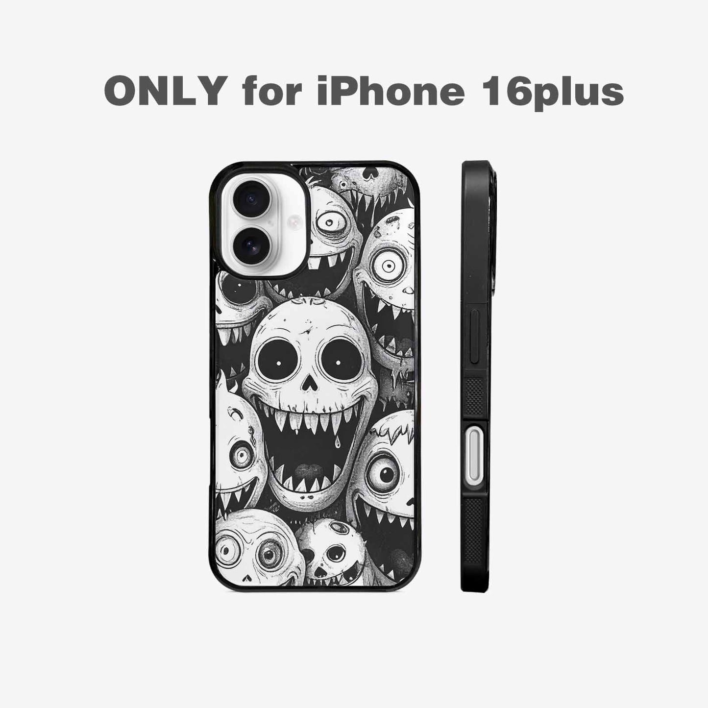 iPhone 16 Plus Case — Black And White Monster Face Collage, Original Design Phone Case
