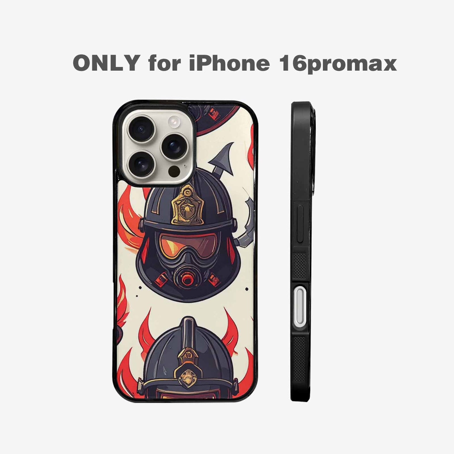 iPhone 16 Pro Max Case — Firefighter Pattern Flames Axes Helmets Seamless, Customized Protective Case