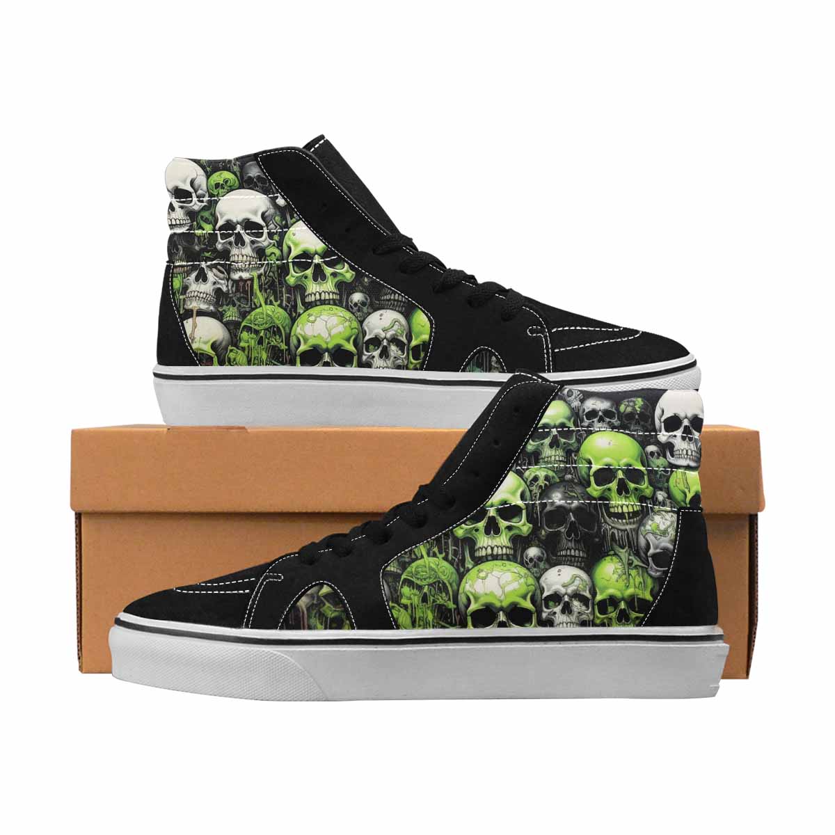 MEN'S Skulls Black & Green Ink High Top Canvas Boutique Melting Art Custom Sneakers