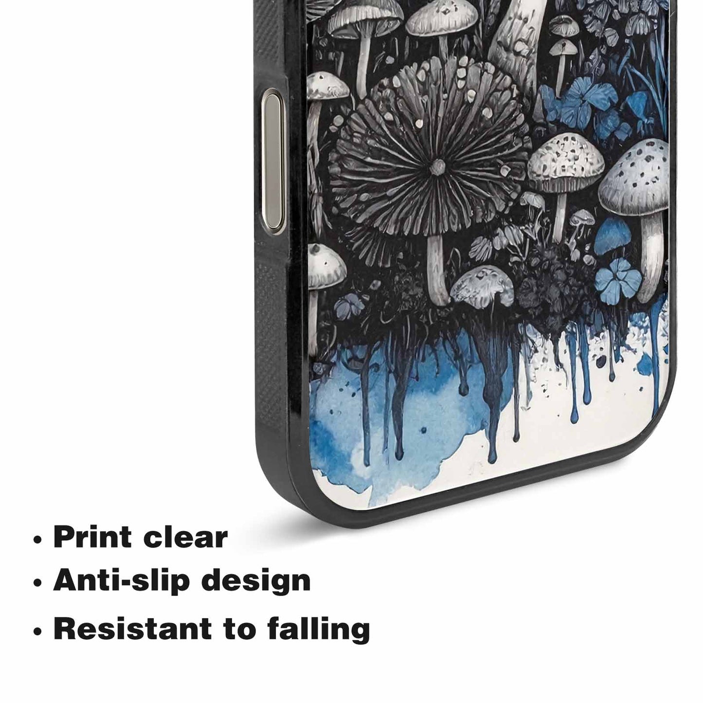 iPhone 15 Pro Max Case — Mushrooms General Black Blue Ink Mushrooms, Customized Protective Case