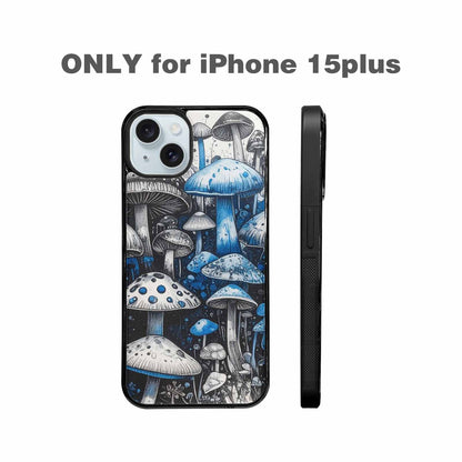 iPhone 15 Plus Case — Mushrooms General Black Blue Ink Mushrooms, Custom Printed Phone Case