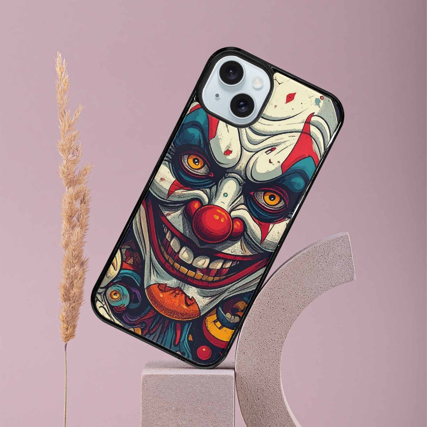 iPhone 15 Plus Case — Evil Circus Heads Faces Overlapping Patterns, Custom Made Phone Cover