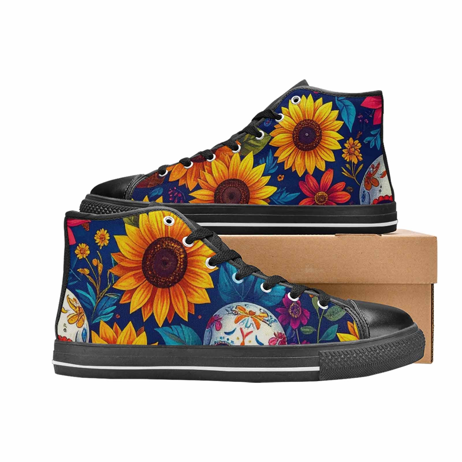 WOMEN'S Sunflower Skulls Print High Top Canvas Surreal Sneakers