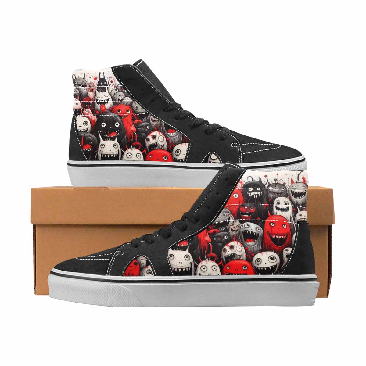 WOMEN'S Monsters Black & Red Ink High Top Canvas Streetwear Grunge Handmade Custom Shoes