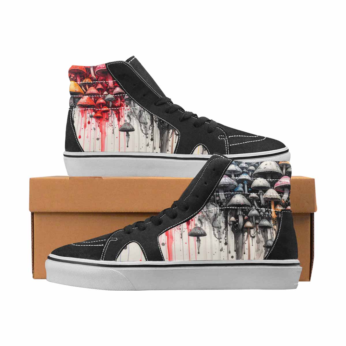 WOMEN'S Mushrooms Black & Red Ink High Top Canvas One Of A Kind Aesthetic All Over Print Shoes