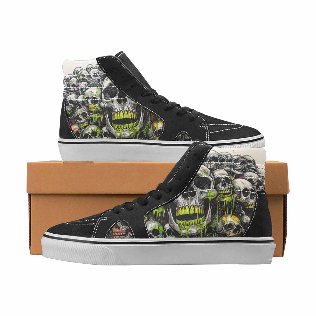 WOMEN'S Skulls Black & Green Ink High Top Canvas Custom Fashion Aesthetic Custom Streetwear Shoes