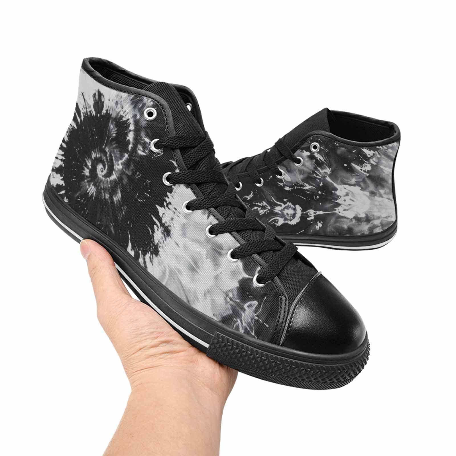 WOMEN'S Tie Dye Acid Wash Black White High Top Canvas Wallpaper Art Custom Sneakers