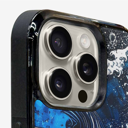 iPhone 15 Pro Max Case — Nautical Wave Black Blue Ink Wave, Custom Printed Phone Case