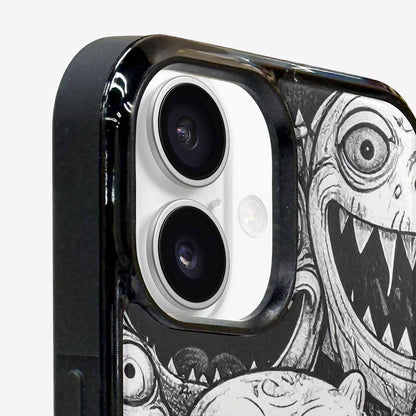 iPhone 16 Case — Black And White Monster Face Collage, Custom Made Phone Cover