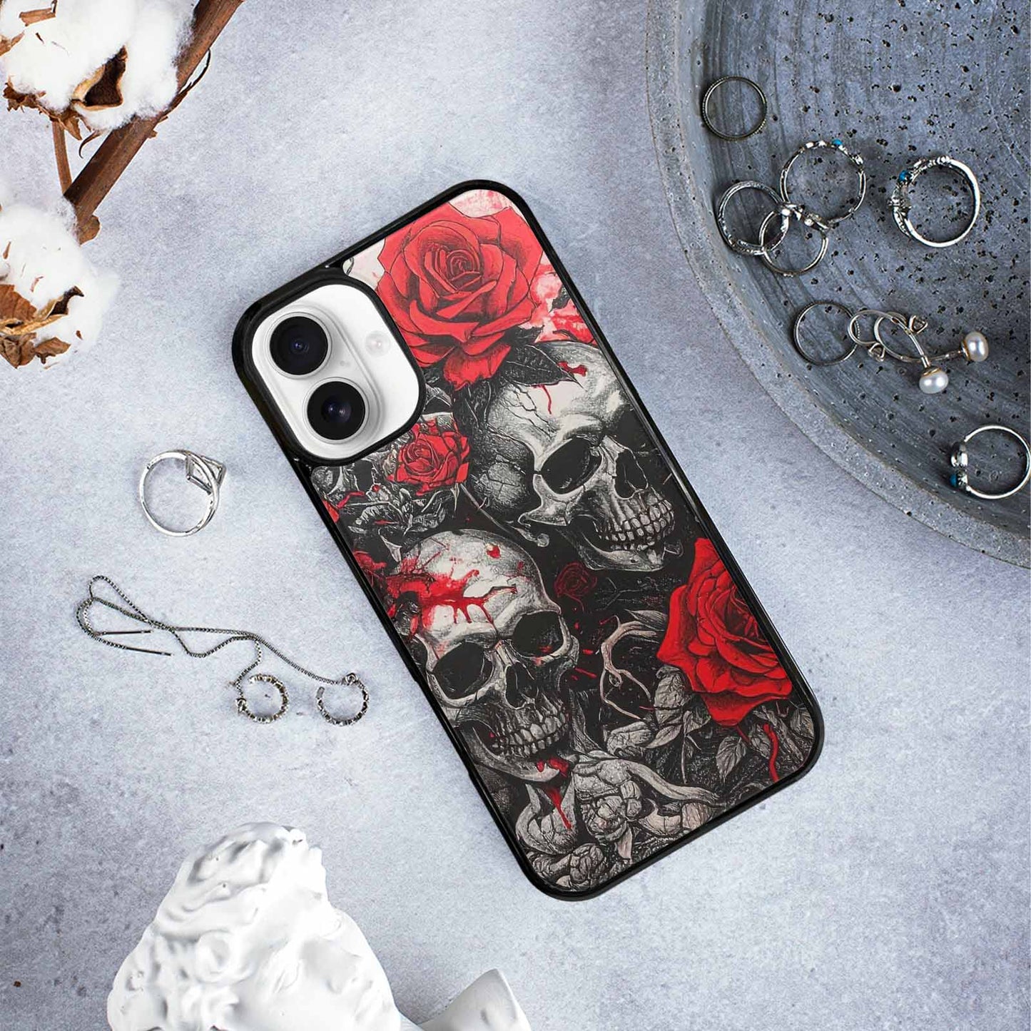 iPhone 16 Plus Case — Skull And Roses Black Red Ink, Custom Designed Case Cover