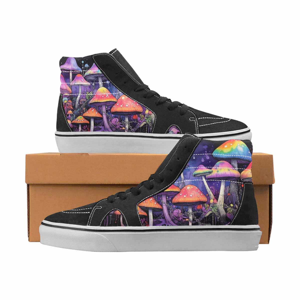 WOMEN'S Mushrooms Black & Purple Ink High Top Canvas Custom Fashion Melting Art Custom Canvas Shoes