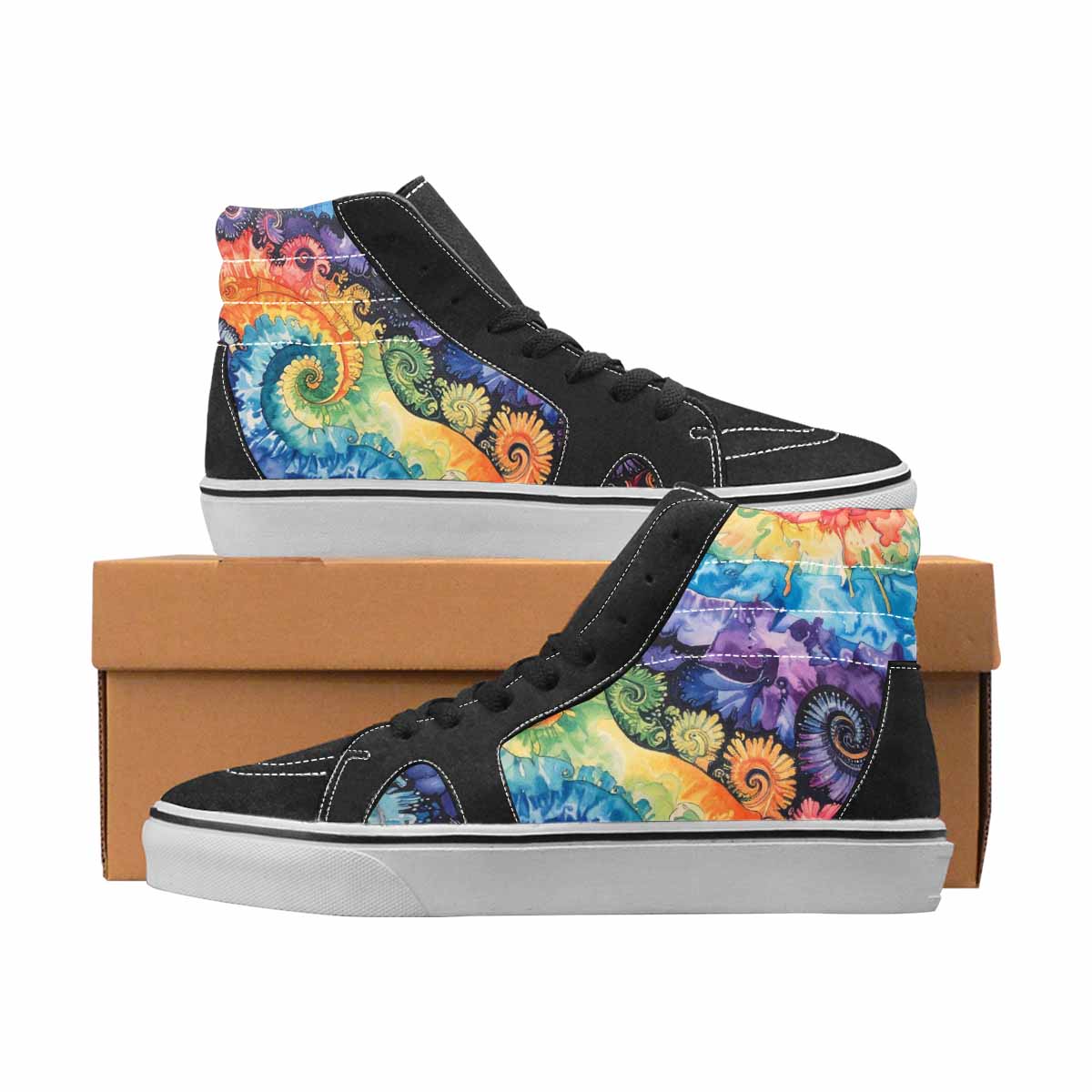 WOMEN'S Tie Dye Black & Blue Ink High Top Canvas Wearable Art Cottagecore Original Art Sneakers