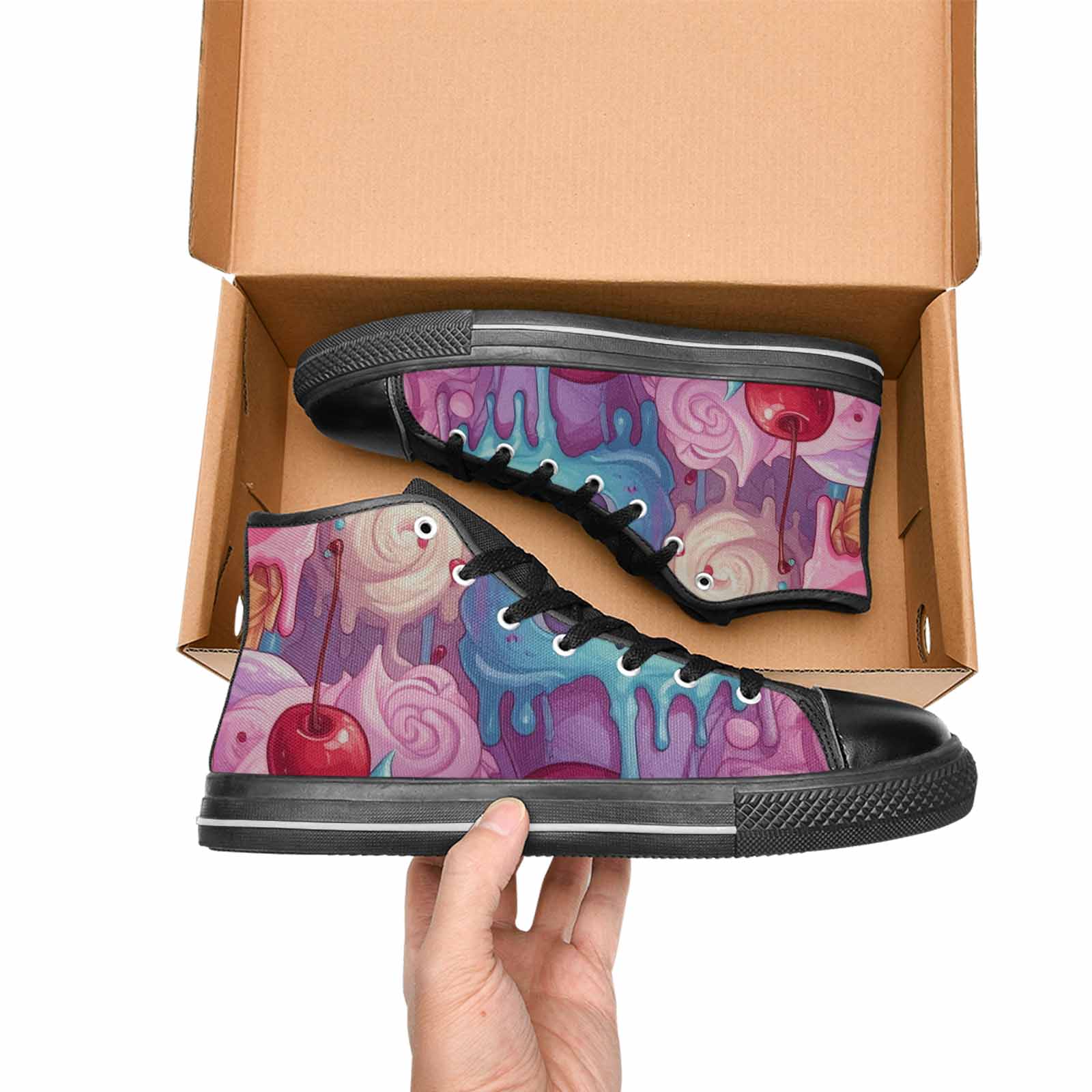 MEN'S Melting Icecream Monster Cherry High Top Canvas Wallpaper Art Shoes