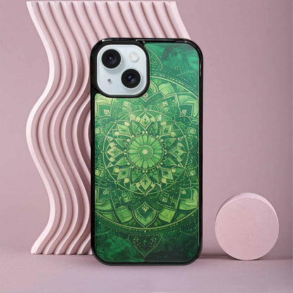 iPhone 15 Case — Green Mandala Bohemian Print Edge To, Original Design Phone Case