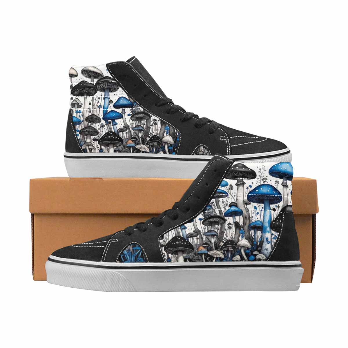 WOMEN'S Mushrooms Black & Blue Ink High Top Canvas Personalized Vivid Custom Streetwear Shoes