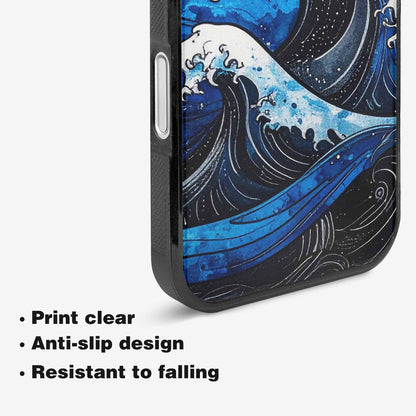 iPhone 16 Plus Case — Nautical Wave Black Blue Ink Wave, Custom Art Phone Cover