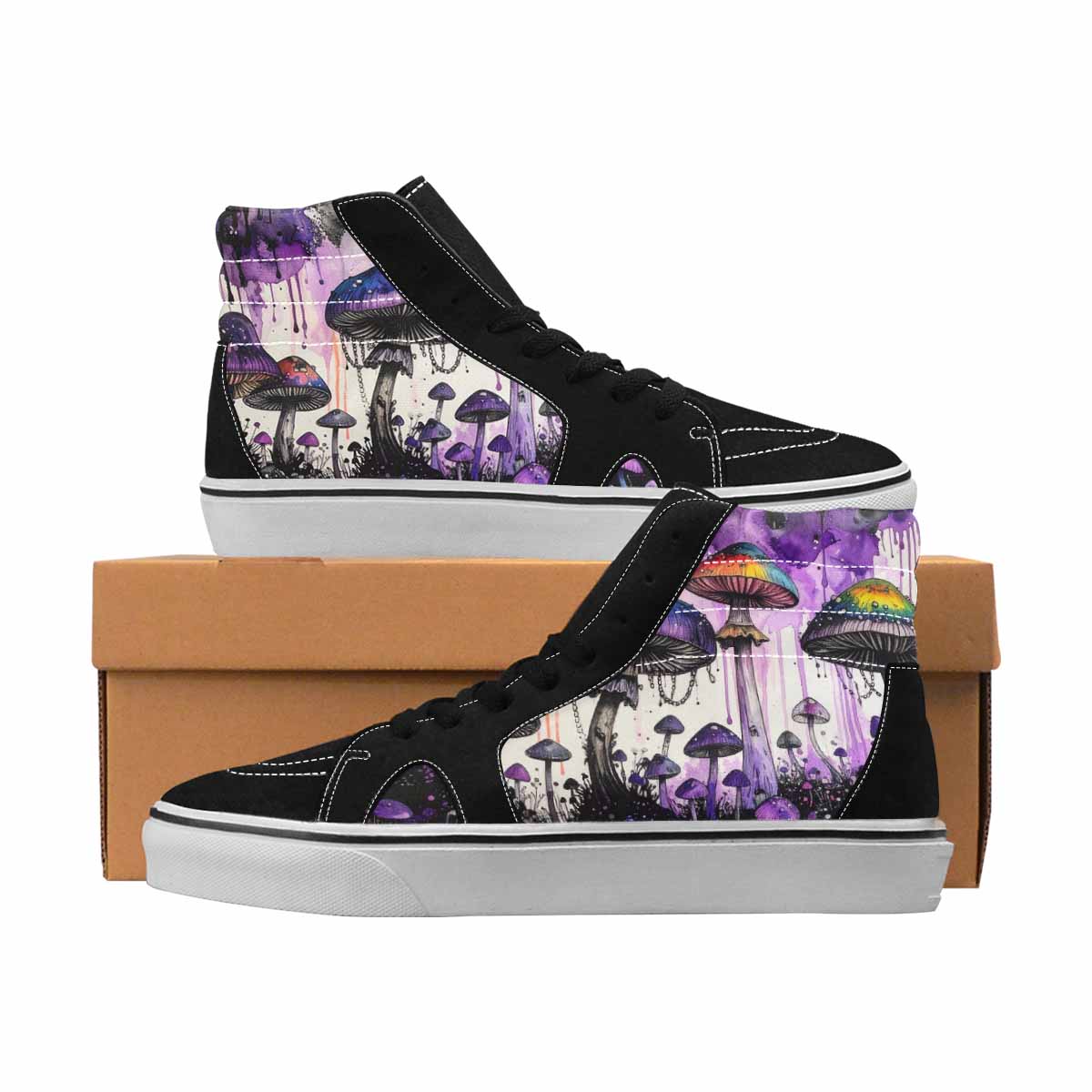 MEN'S Mushrooms Black & Purple Ink High Top Canvas Streetwear Neon Fantasy Custom Kicks