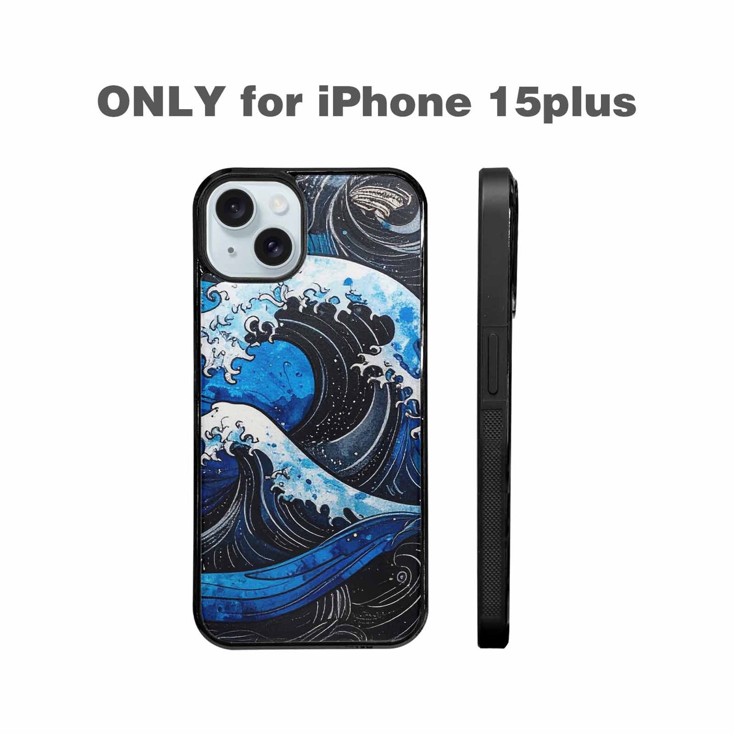 iPhone 15 Plus Case — Nautical Wave Black Blue Ink Wave, Personalized Phone Case