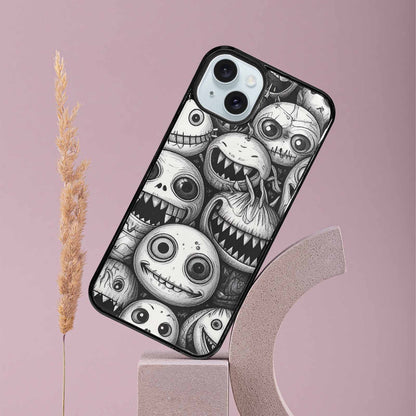 iPhone 15 Plus Case — Black And White Monster Face Collage, Personalized Phone Case