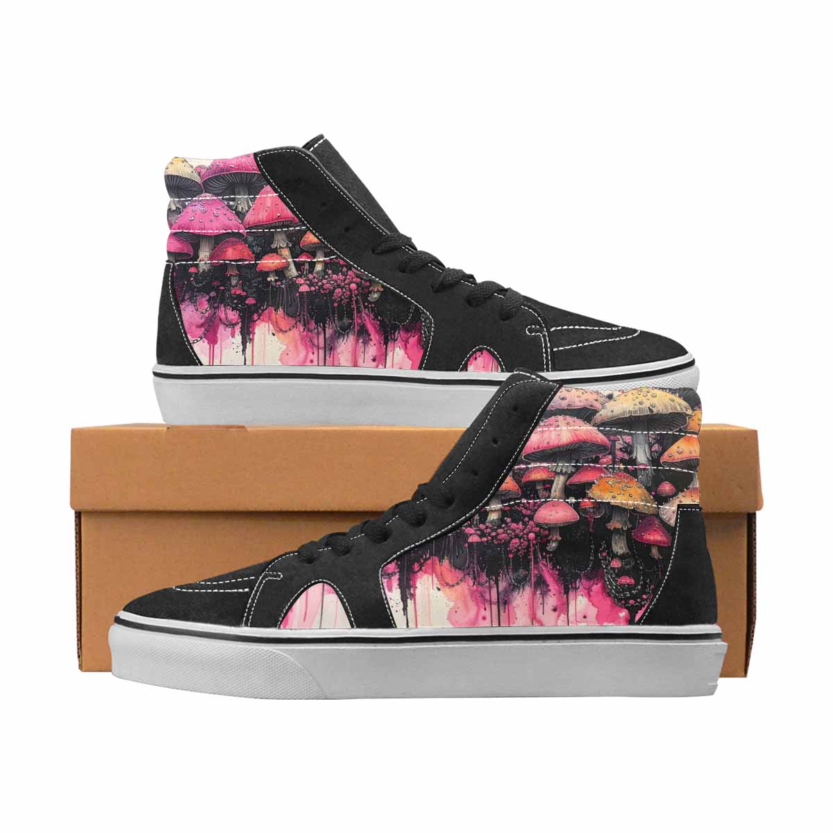 WOMEN'S Mushrooms Black & Pink Ink High Top Canvas Artist-designed Aesthetic Custom Art Shoes