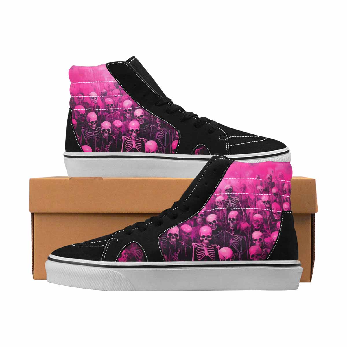 MEN'S Skulls Neon Pink Glow High Top Canvas One Of A Kind Wallpaper Art Sneakers