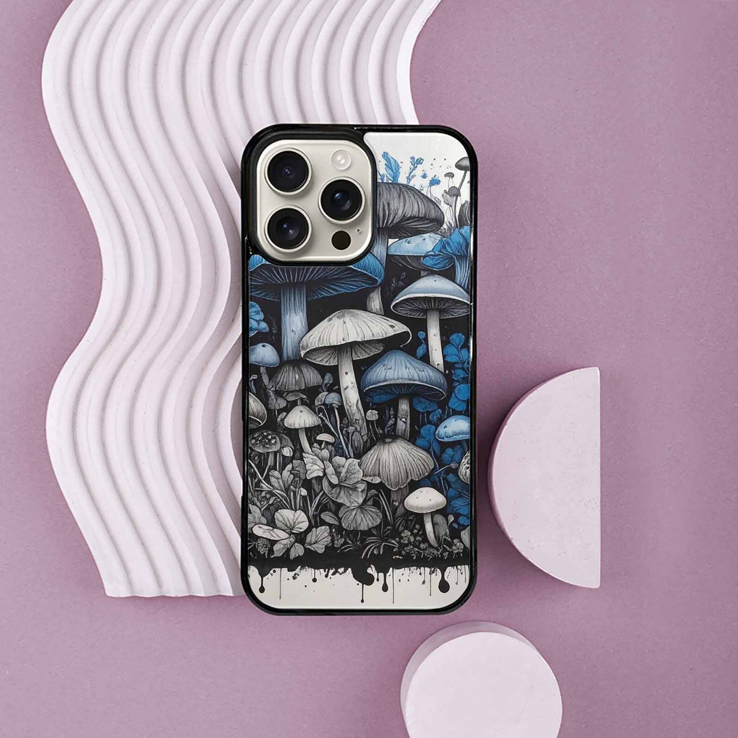 iPhone 16 Pro Max Case — Mushrooms General Black Blue Ink Mushrooms, Custom Made Phone Cover