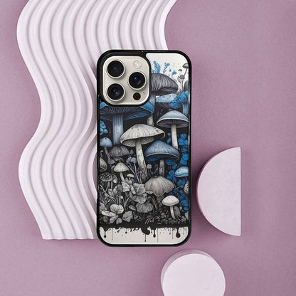 iPhone 16 Pro Max Case — Mushrooms General Black Blue Ink Mushrooms, Custom Made Phone Cover