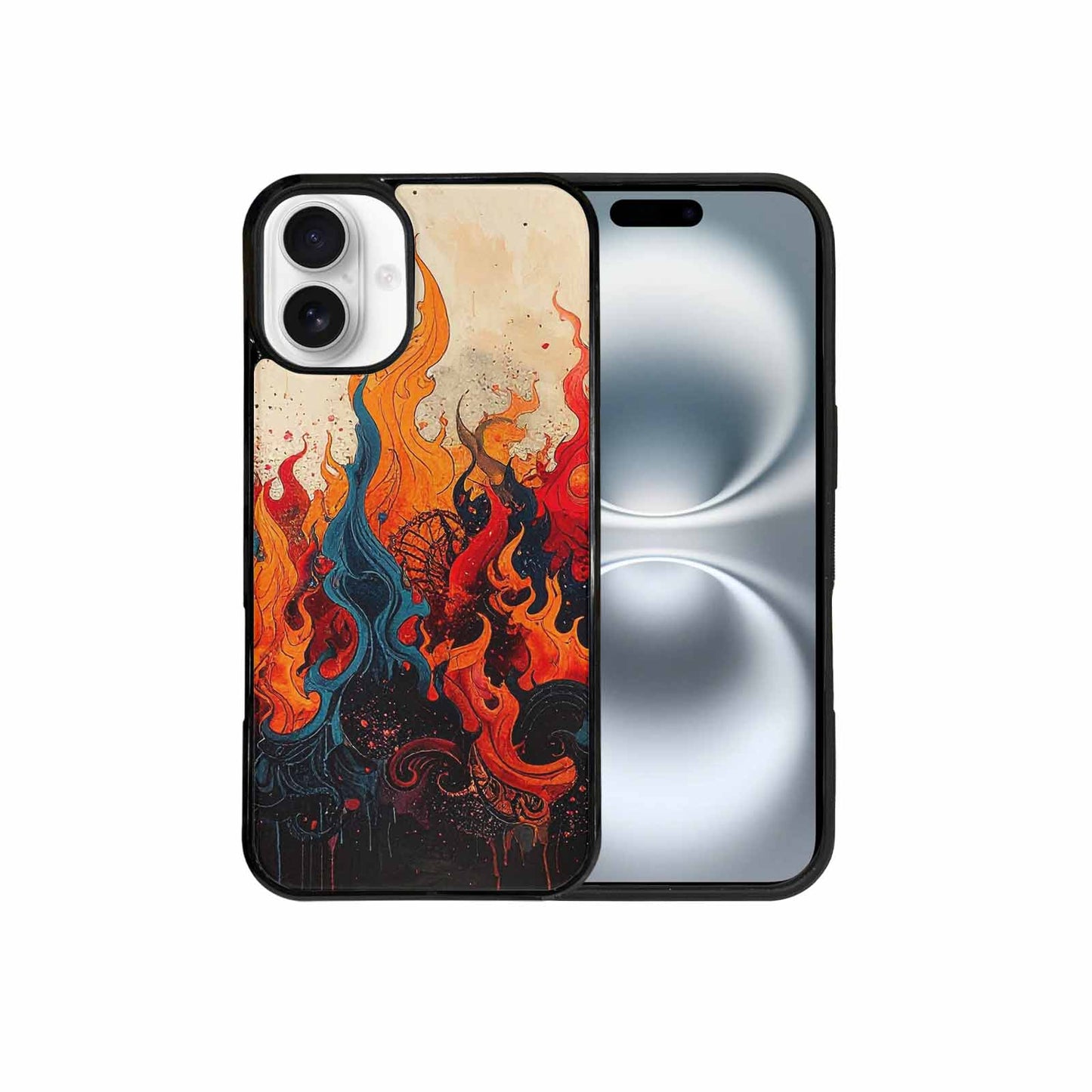 iPhone 16 Plus Case — Flame Burst Black Red Ink Flame, Customized Protective Case