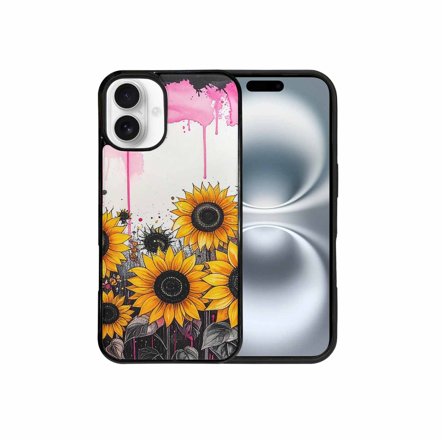 iPhone 16 Plus Case — Sunflower Burst Black Pink Ink Sunflowers, Custom Art Phone Cover
