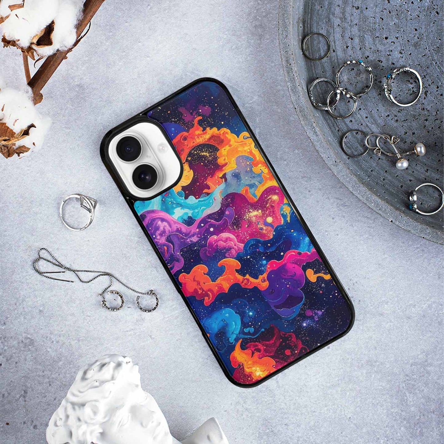 iPhone 16 Plus Case — Cosmic Creature And Object Mashup Pattern, Custom Designed Case Cover
