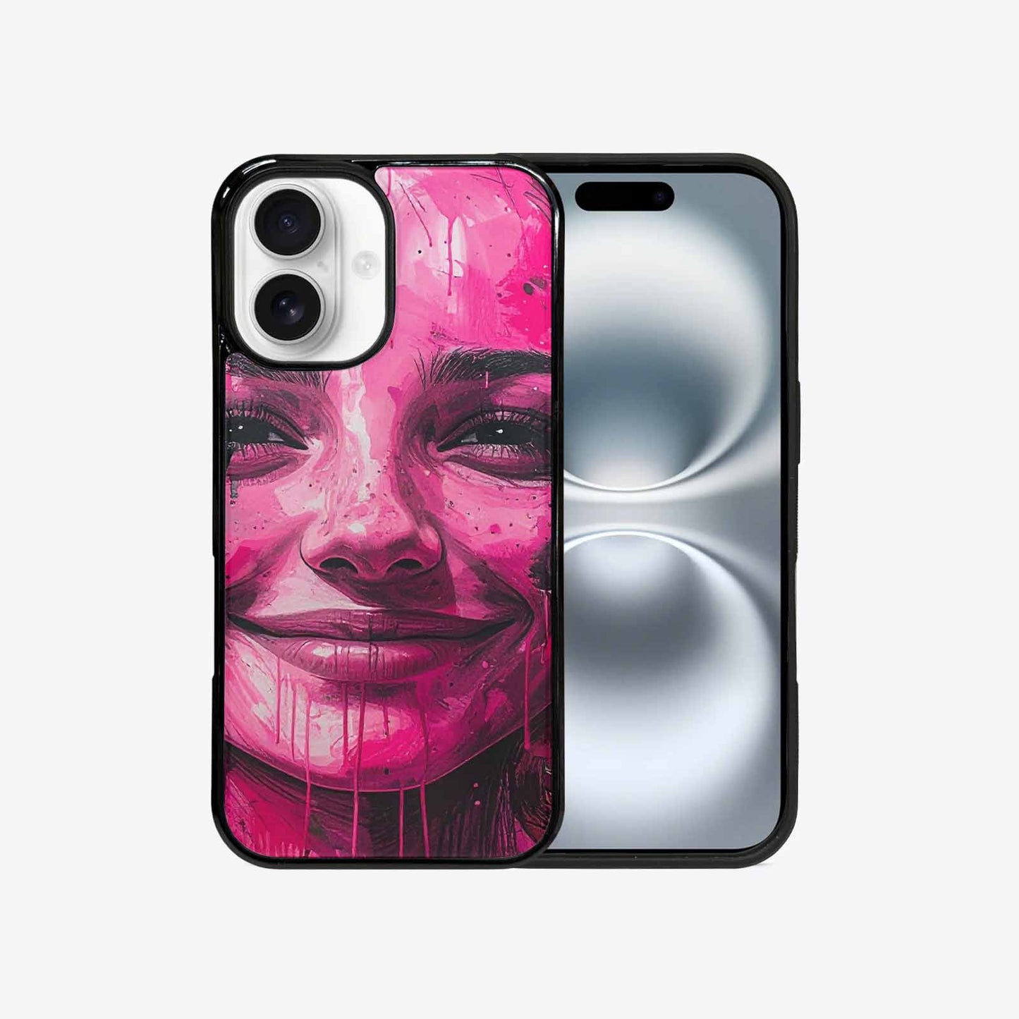 iPhone 16 Case — Melting Moon Smiley Black Pink Ink, Customized Protective Case