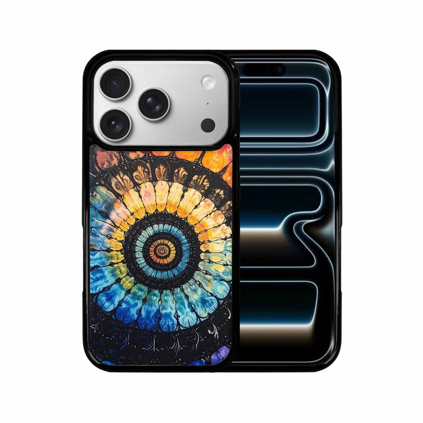 iPhone 17 Pro Case — Tie Dye Swirls Black Blue Tie, Original Design Phone Case