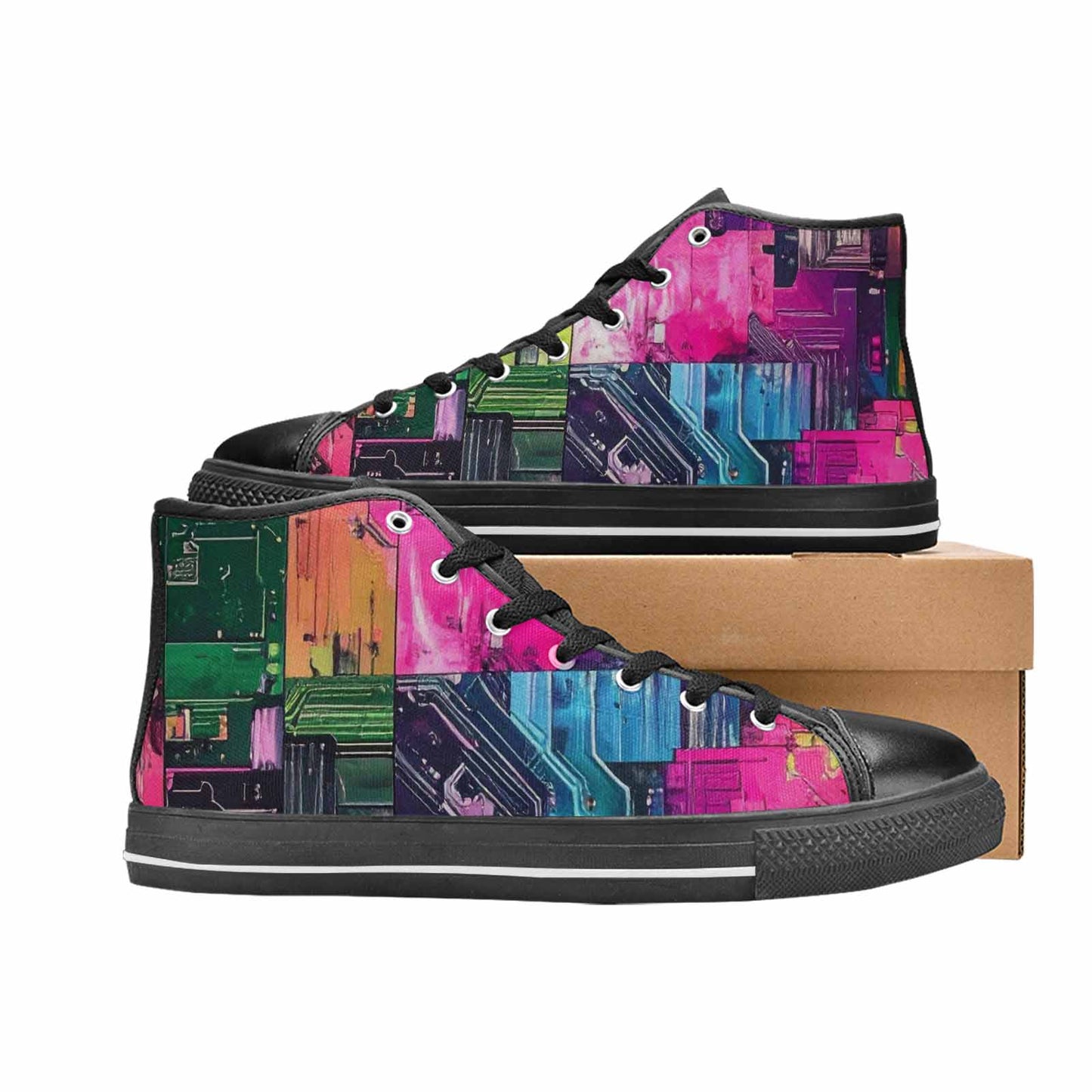 WOMEN'S Circuit Board Cyberpunk High Top Canvas Wallpaper Art Custom Sneakers