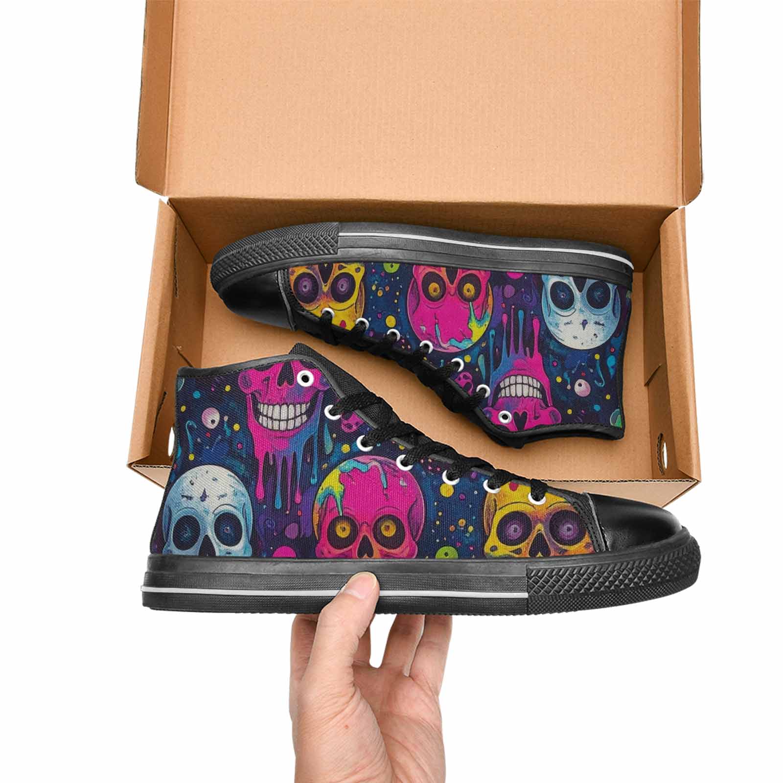 WOMEN'S Skeleton People Face High Top Canvas Surreal Custom Sneakers