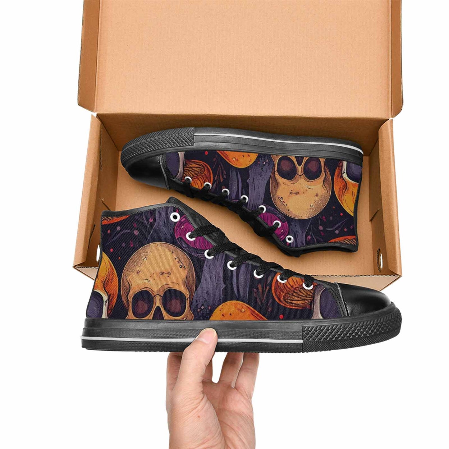 WOMEN'S Mushroom Skulls High Top Canvas Neon Fantasy Sneakers