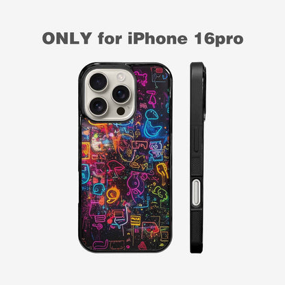 iPhone 16 Pro Case — Neon Glow Outline Icon Pattern Hundreds, Custom Printed Phone Case