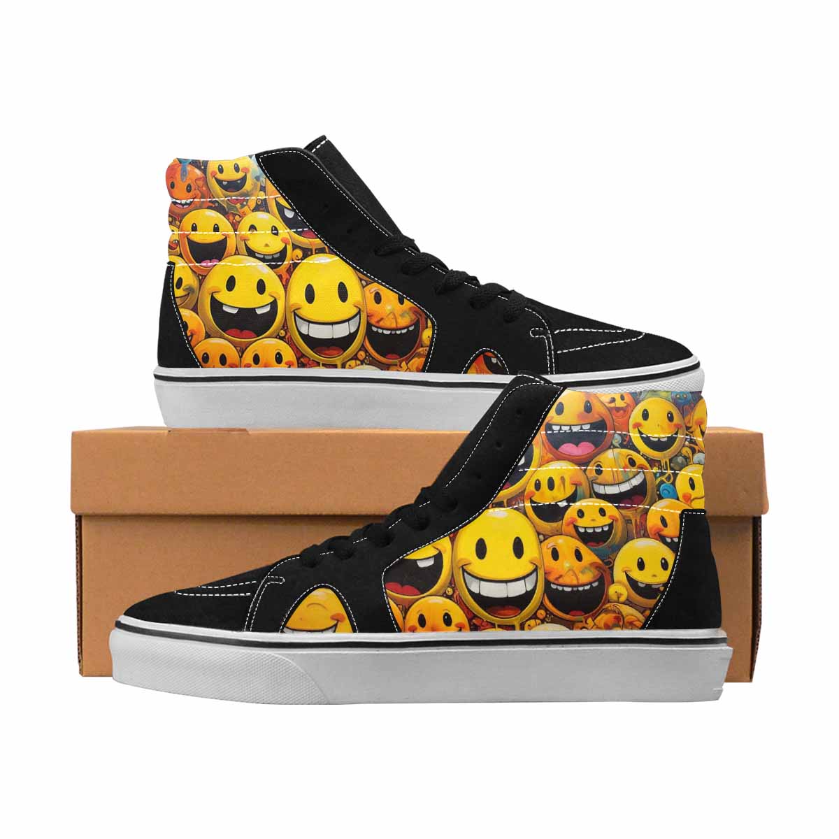 MEN'S Smiley Face Yellow High Top Canvas Statement Neon Fantasy Handmade Custom Shoes