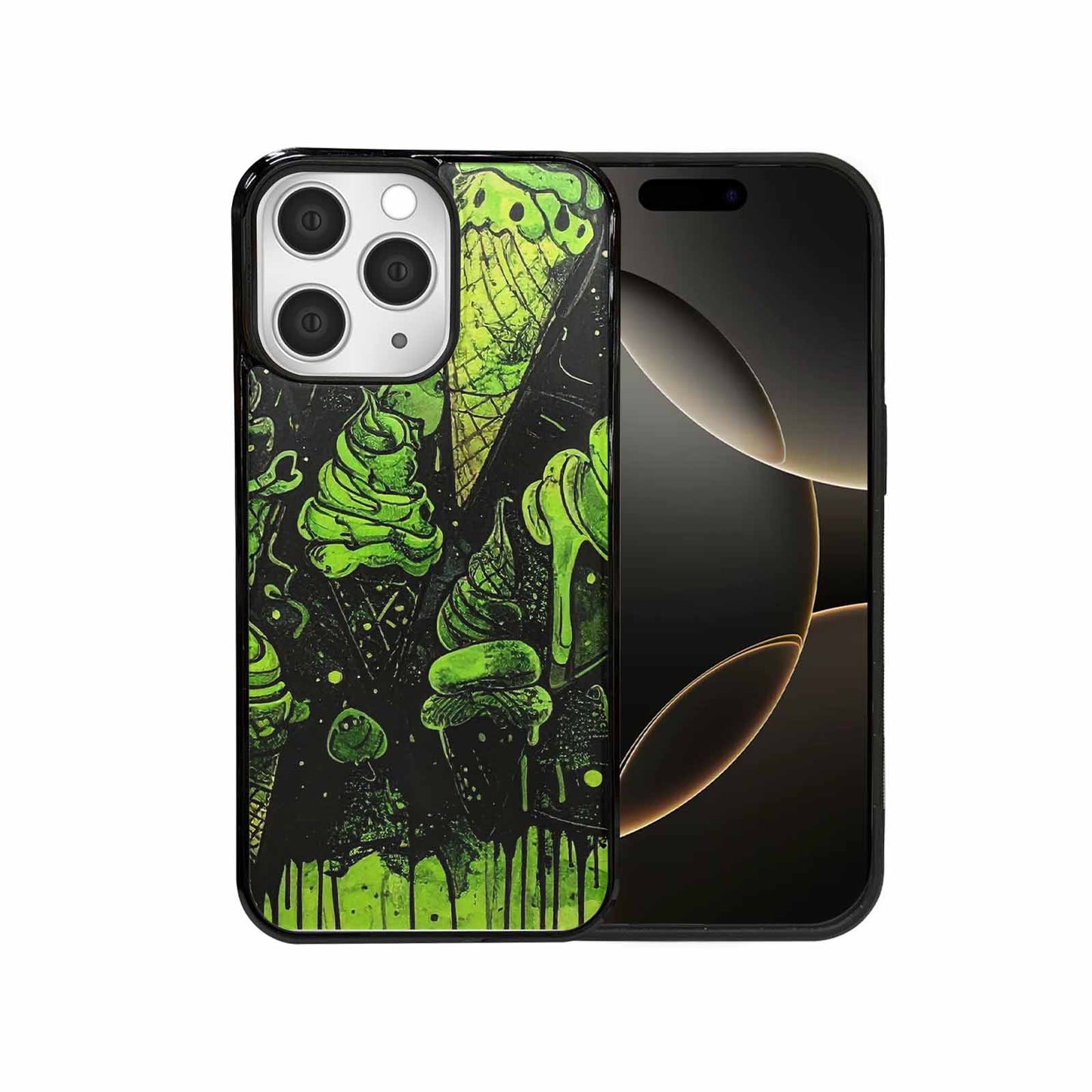 iPhone 15 Pro Max Case — Ice Cream Motif Black Green Ink, Custom Printed Phone Case