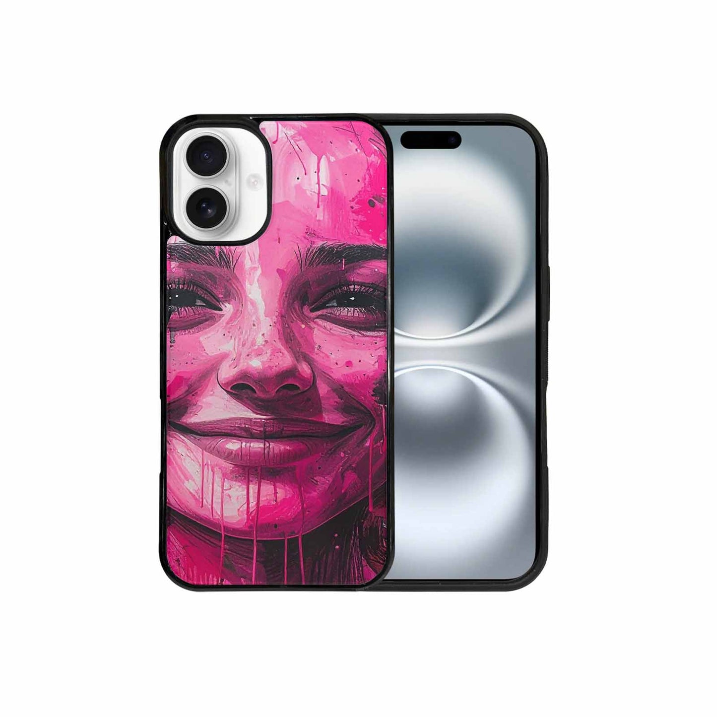 iPhone 16 Plus Case — Melting Moon Smiley Black Pink Ink, Original Design Phone Case