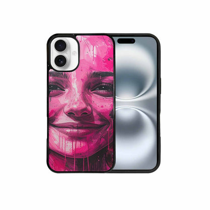iPhone 16 Plus Case — Melting Moon Smiley Black Pink Ink, Original Design Phone Case
