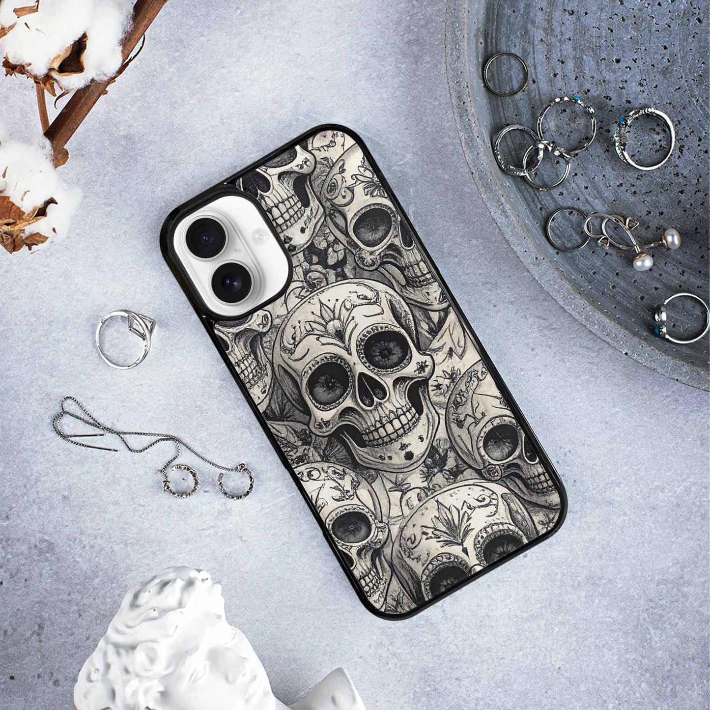 iPhone 16 Plus Case — Intricately Detailed Sugar Skulls In Black, Custom Phone Case