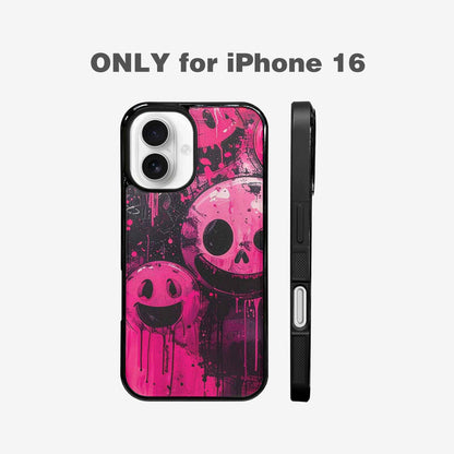 iPhone 16 Case — Melting Moon Smiley Black Pink Ink, Custom Phone Case