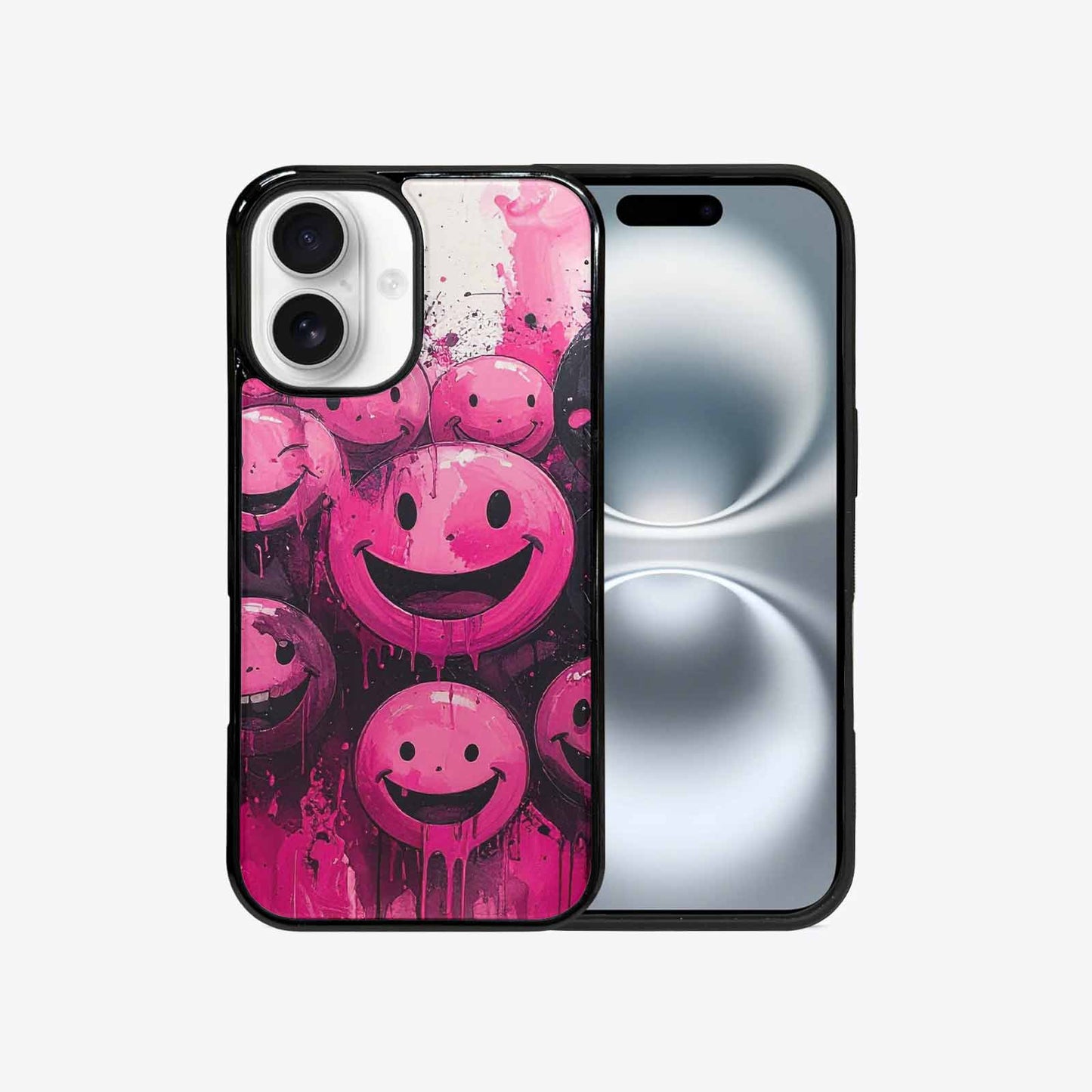 iPhone 16 Case — Melting Moon Smiley Black Pink Ink, Original Design Phone Case