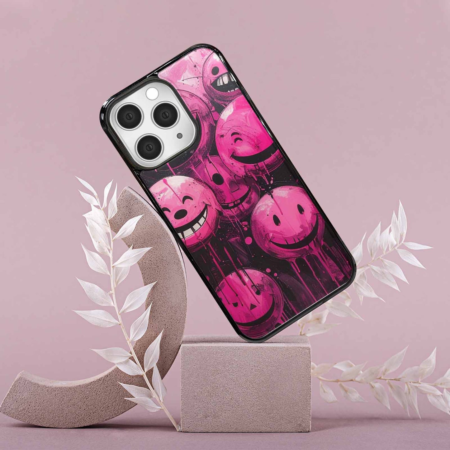 iPhone 15 Pro Max Case — Melting Moon Smiley Black Pink Ink, Custom Phone Case