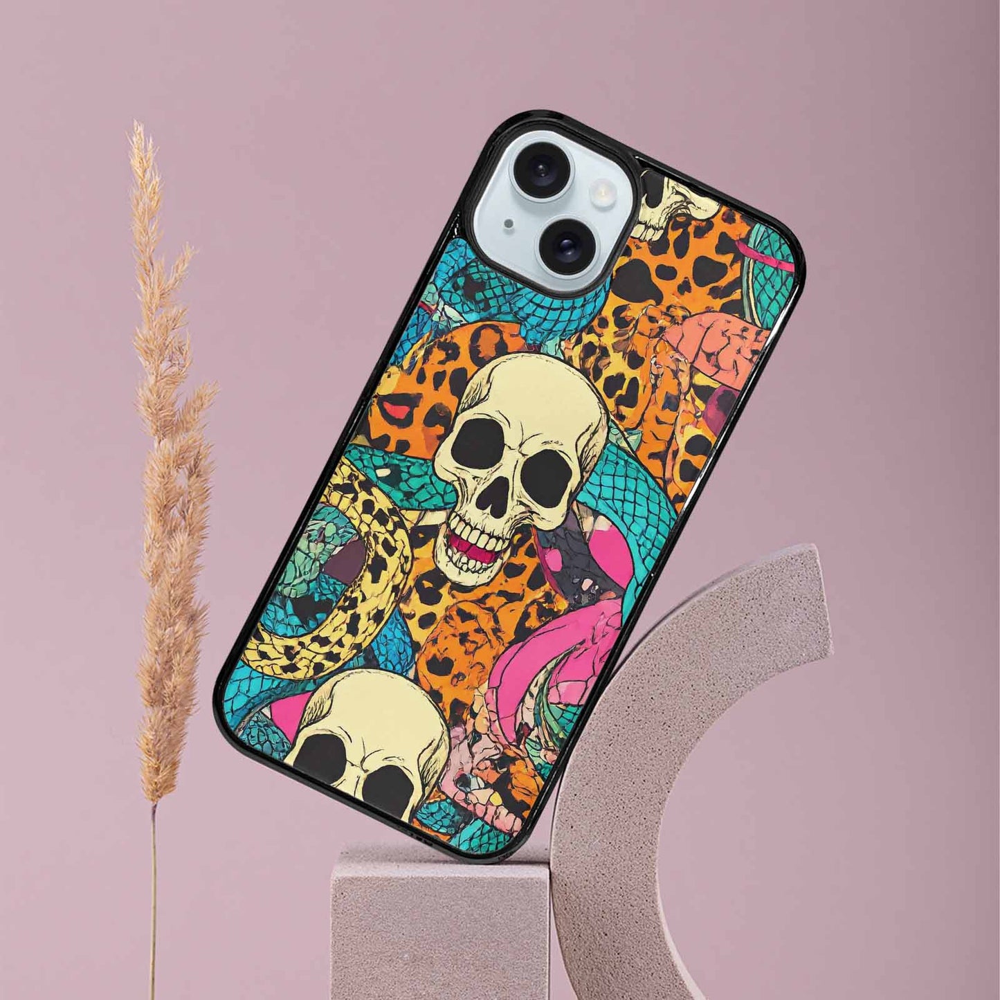 iPhone 15 Plus Case — Snake Print Skull Custom, Unique Phone Case Design
