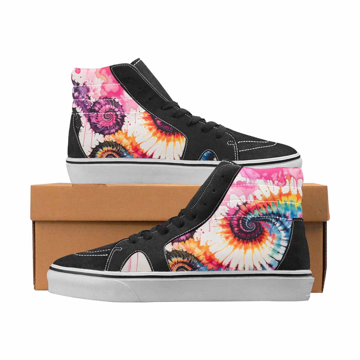WOMEN'S Tie Dye Black & Pink Ink High Top Canvas Unique Print Wallpaper Art Handmade Custom Shoes