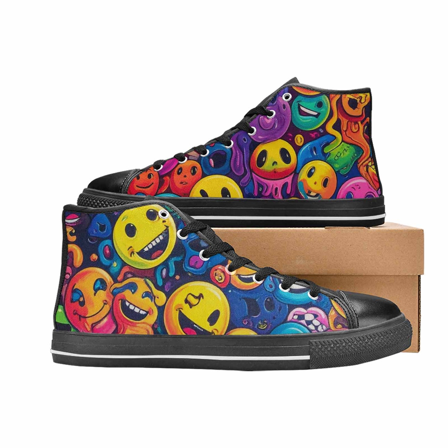 MEN'S Yellow Smiley Face High Top Canvas Aesthetic Custom Shoes