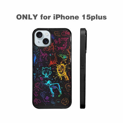 iPhone 15 Plus Case — Neon Glow Outline Icon Pattern Hundreds, Custom Made Phone Cover