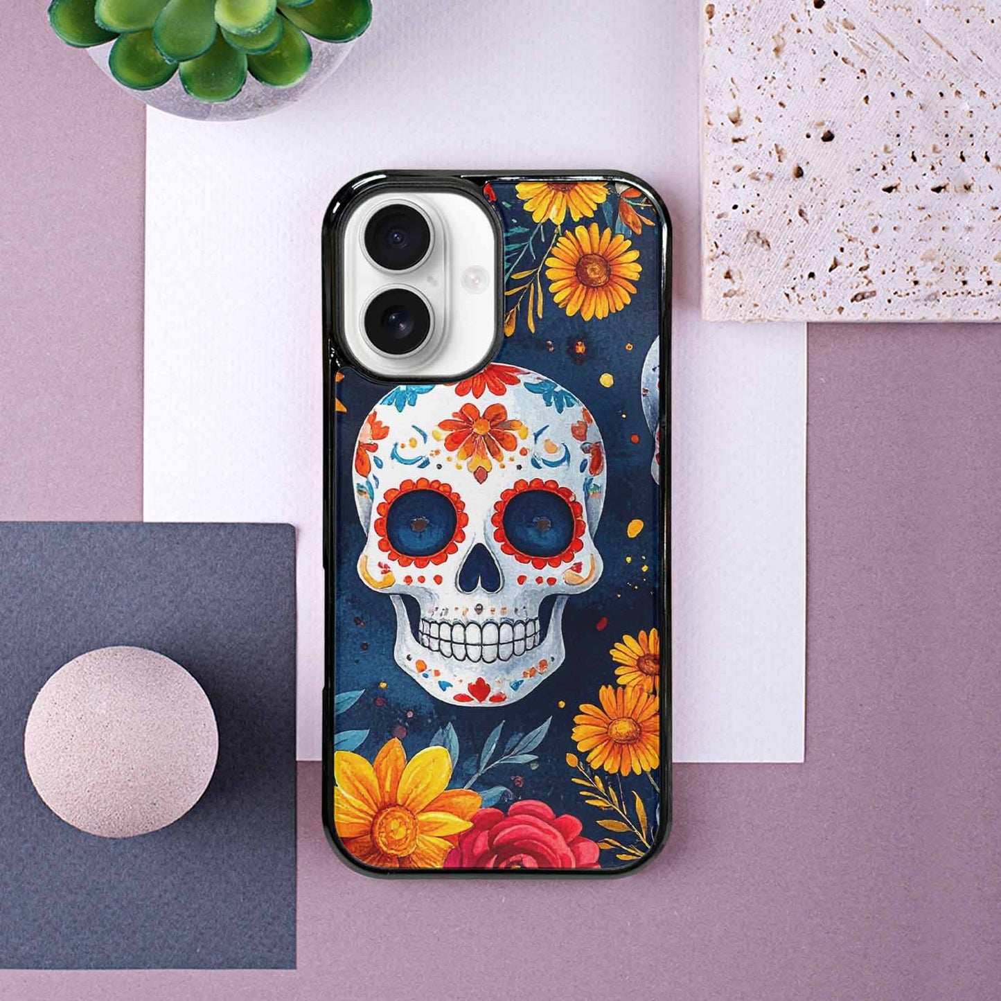 iPhone 16 Case — Sunflower Skulls Print Custom, Original Design Phone Case