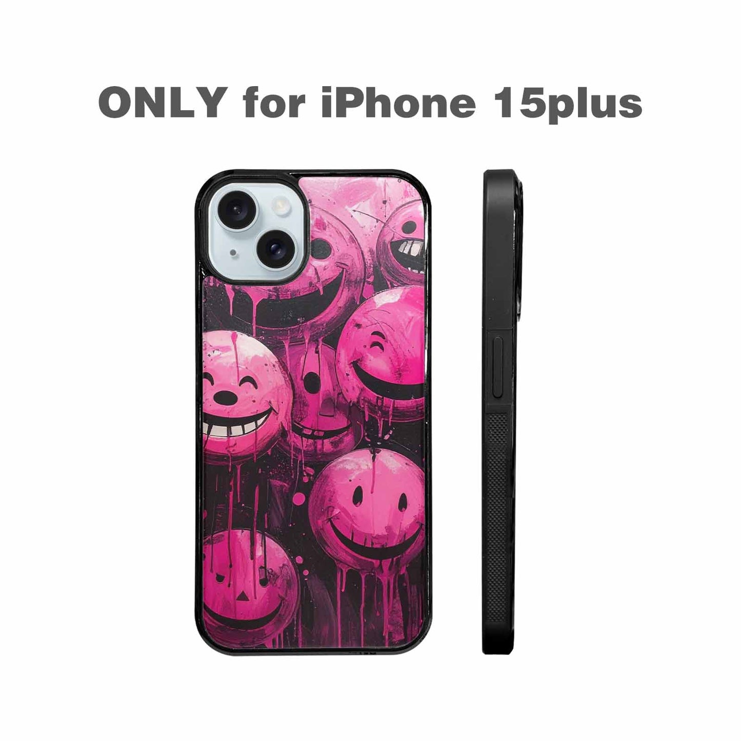 iPhone 15 Plus Case — Melting Moon Smiley Black Pink Ink, Original Design Phone Case